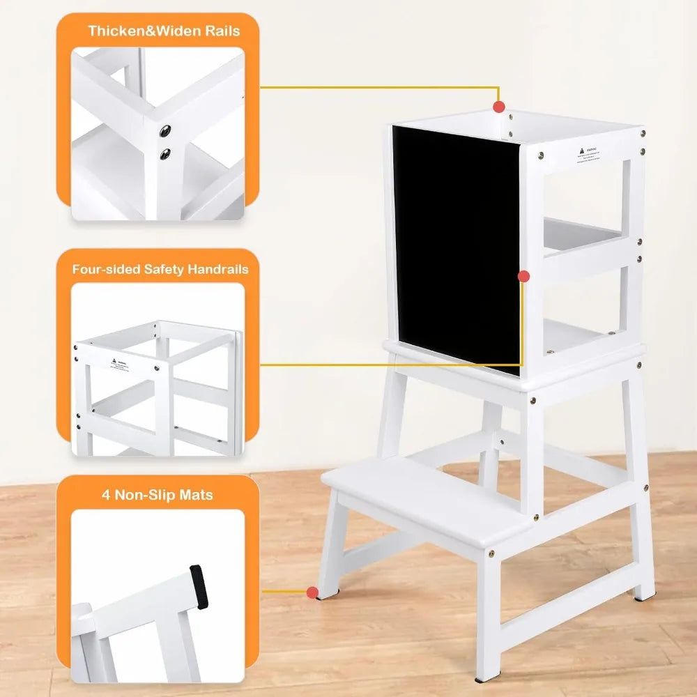 Kids Kitchen Step Stool with Chalkboard & Safety Rail for Toddlers 18 Months and Older, Safety Anti-Slip Protection