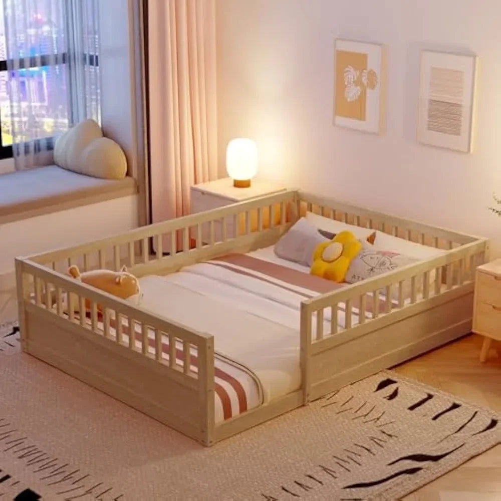 Floor Bed for Kids, Montessori Bed with High Fence Railings, Wood Playhouse Bed with Rails for Baby Boys Girls Teens