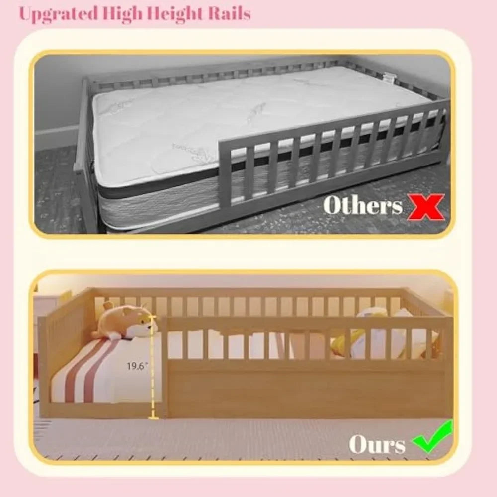Floor Bed for Kids, Montessori Bed with High Fence Railings, Wood Playhouse Bed with Rails for Baby Boys Girls Teens