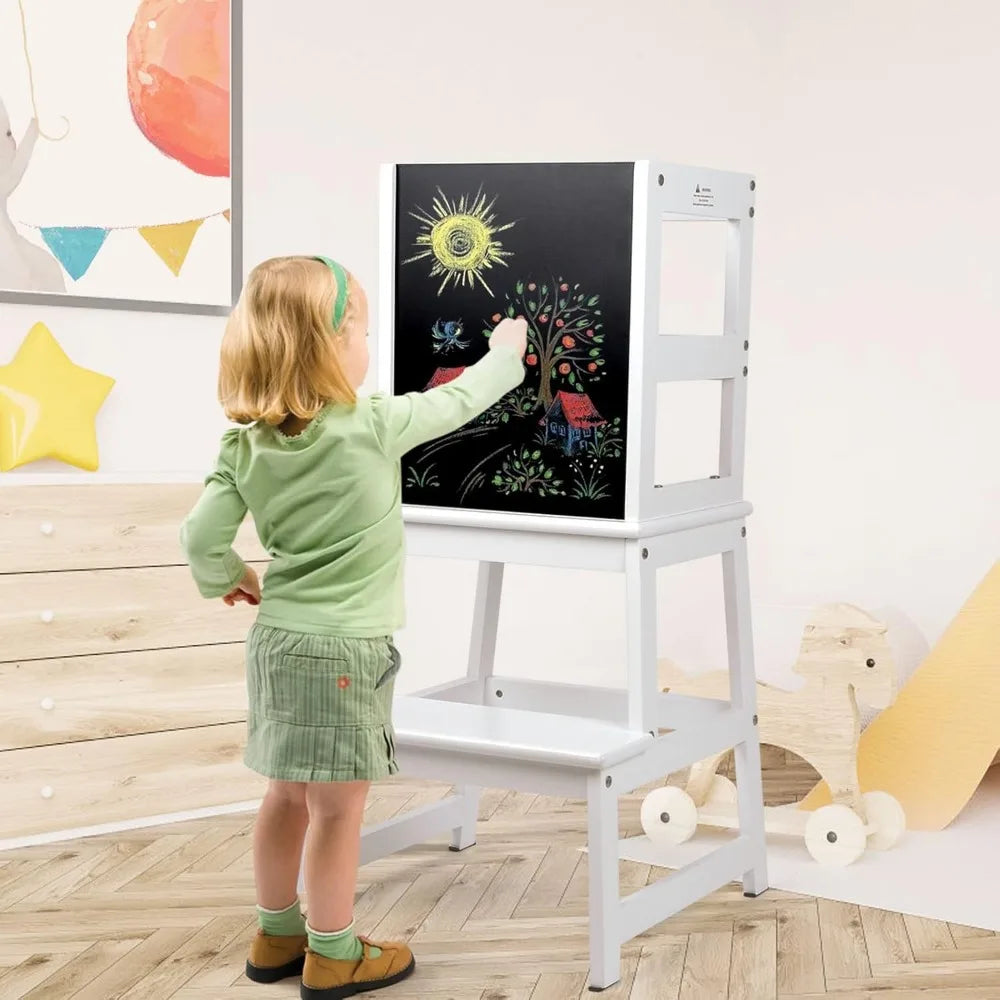 Kids Kitchen Step Stool with Chalkboard & Safety Rail for Toddlers 18 Months and Older, Safety Anti-Slip Protection