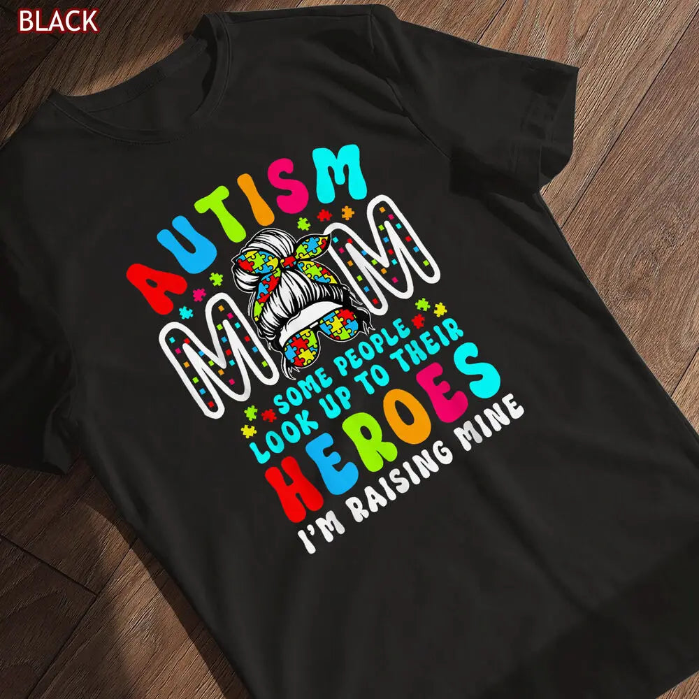 Autism Mom Raising Hero Groovy  Bun Autism Awareness T-Shirt Gift for Her