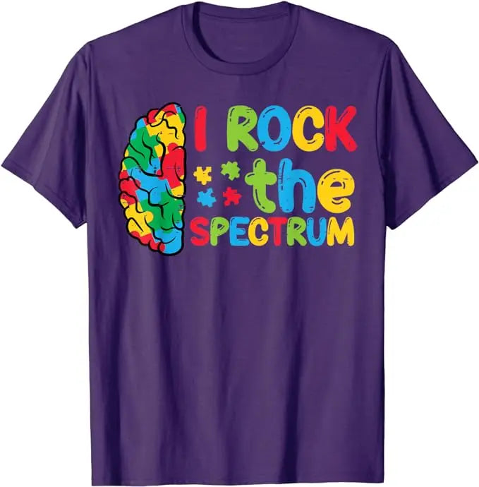 Autism Brain I Rock The Spectrum Awareness Boys Girls Kids T-Shirt Puzzle Blue Ribbon Rainbow Infinity Outfit Saying Tee Gifts