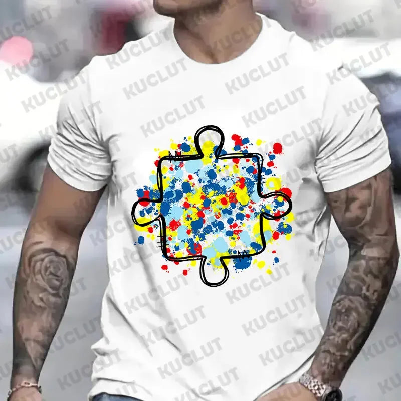 Men's T-Shirt Autism Awareness Puzzle Piece Print Male Tshirt Casual Fashion Soft Fashion Tees Clothing Harajuku Graphic Tops