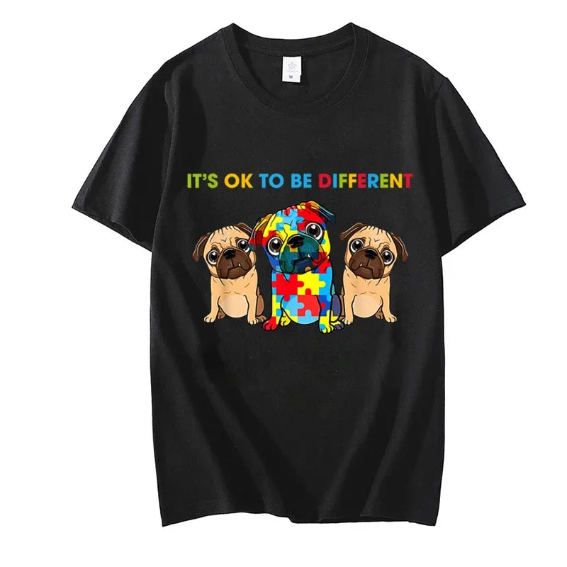 Cute Pug Dogs It's Ok To Be Different Autism Awareness Women T Shirt Summer Tee Shirt Streetwear Hip Hop for Kids Female Tops