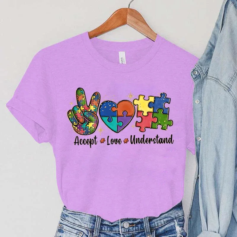 Accept Love and Understand Print T-shirts Autism Awareness T Shirts Color Puzzle Block Women's Tees Harajuku Korean Tops 2023