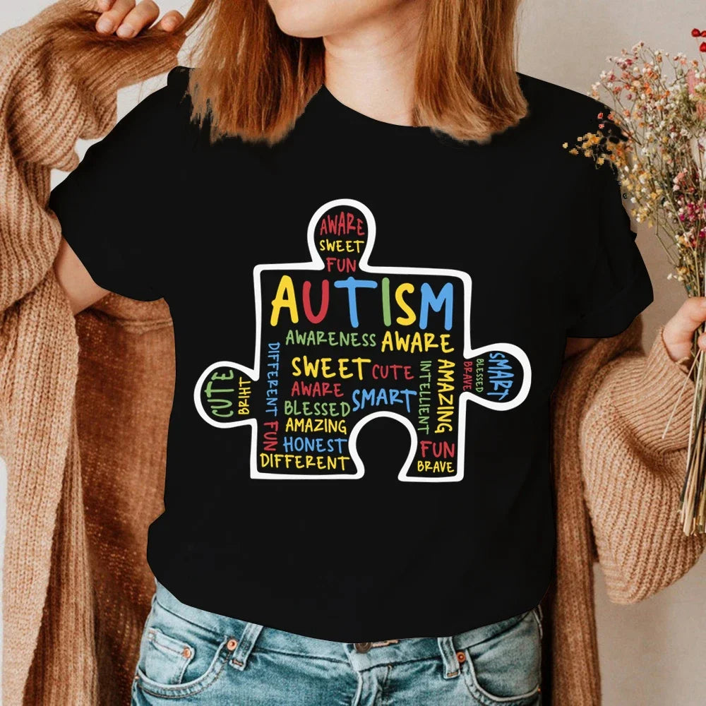 Women T-Shirt Summer Autism Graffiti Puzzle T Shirt Women Casual White Cozy Tops Loose Short Sleeve Y2k Tshirt Camisas Mujer