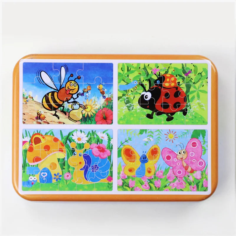 Kindergarten Children Wooden Puzzle 9/12/15/20 Pcs 4 in 1 Cartoon Animal Jigsaw with Iron Box Kids Educational Toy