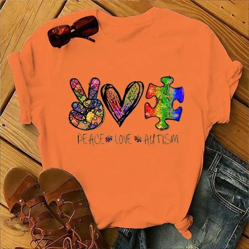 Peace Love Autism Colorful Print Women T Shirt Short Sleeve O Neck Loose Women Tshirt Ladies Tee Shirt Tops Camisetas Mujer