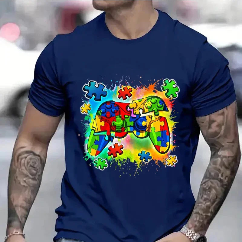 Autism Awareness Video Game Controller Boys T-Shirt Autism Awareness Month Men Tshirts Black T Shirts Summer Short Sleeve Tops