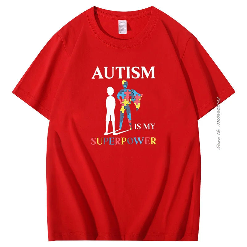 Autism Is My Super Power Puzzle Piece Cotton Funny men's short sleeve t-shirt Autism Graphic Tee Summer Men's clothing