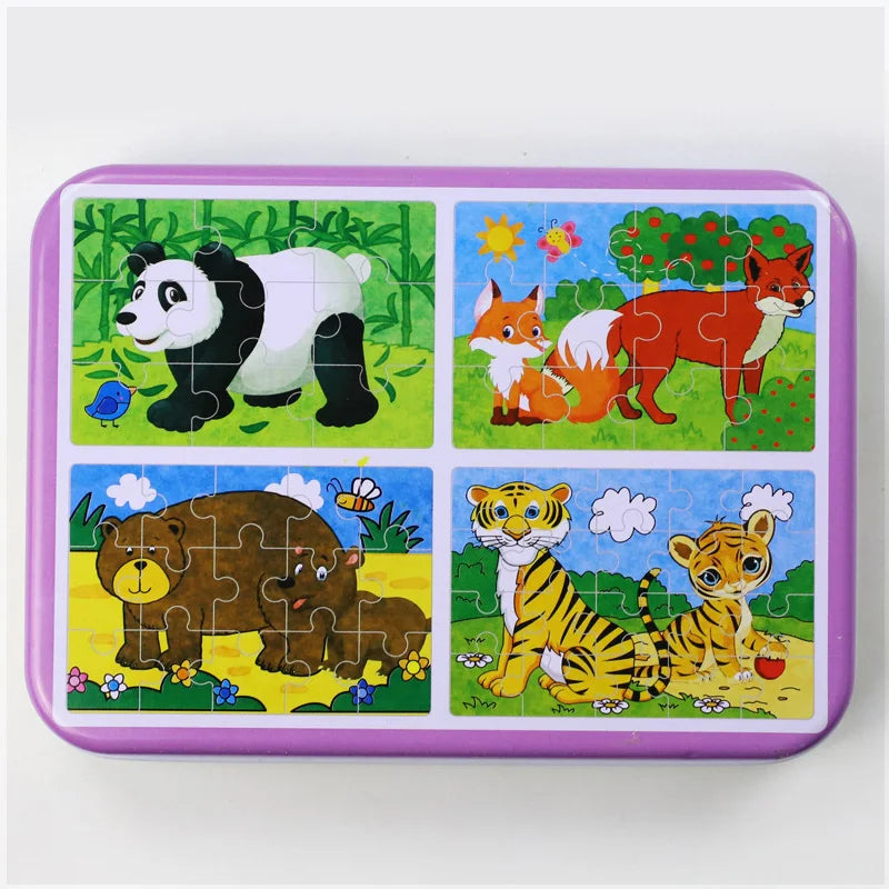 Kindergarten Children Wooden Puzzle 9/12/15/20 Pcs 4 in 1 Cartoon Animal Jigsaw with Iron Box Kids Educational Toy