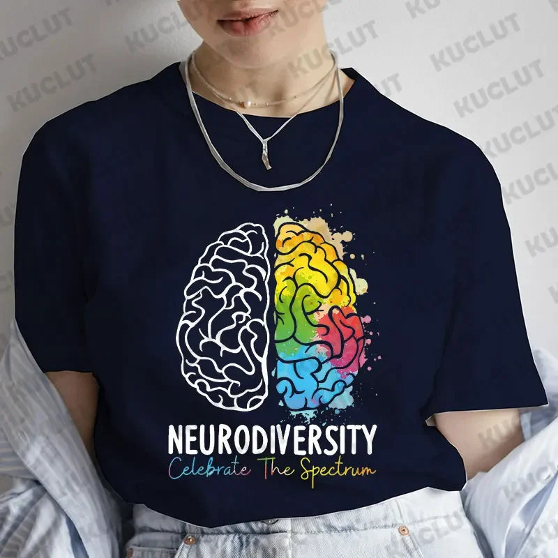 Women Clothing Embrace Neurodiversity Celebrate The Spectrum Brain Autism T-Shirt Short Sleeve Tees Fashion Y2k Graphic Tops