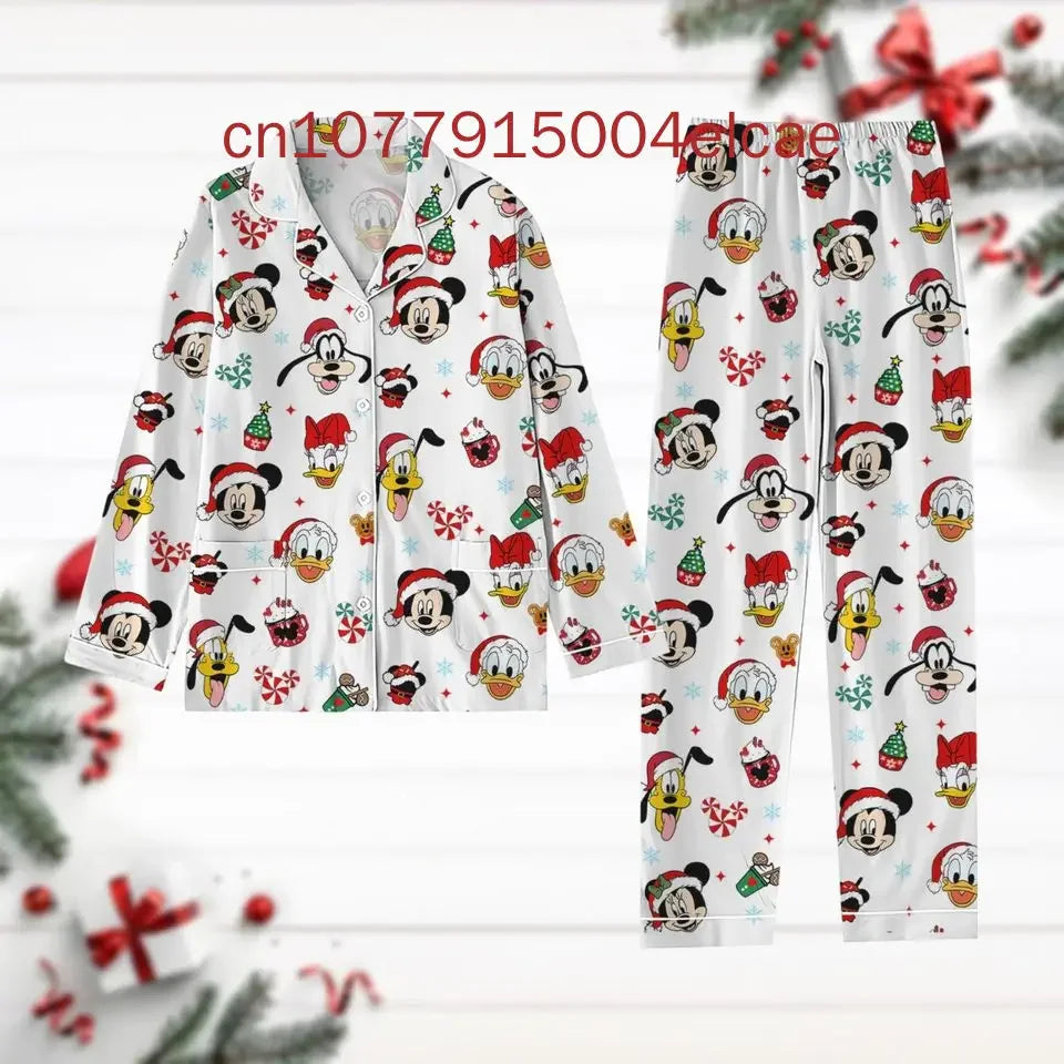 New Christmas Mickey Mouse Pajama Set 3D Printed Disney Casual Men's and Women's Long Sleeved Shirt Pajama Set