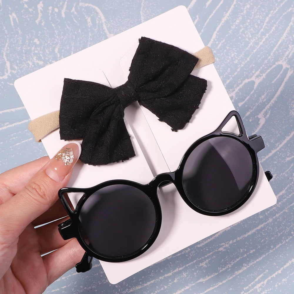 2Pcs/Pack Vintage Kids Summer Bows Headband Round Sunglasses Children Sun Glasses Protection Glasses Baby Hair Accessories