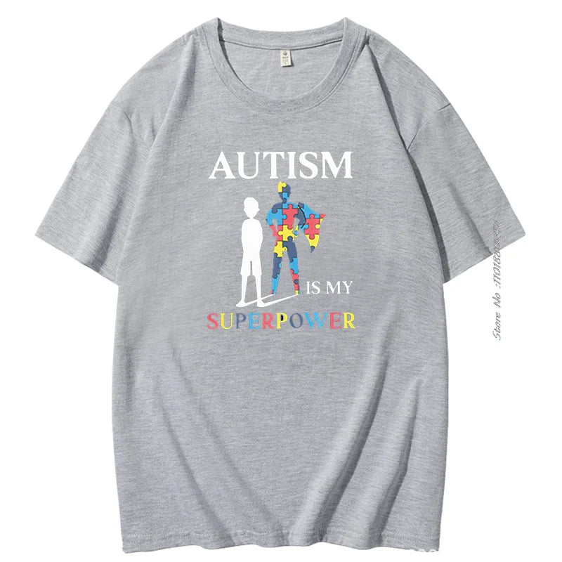 Autism Is My Super Power Puzzle Piece Cotton Funny men's short sleeve t-shirt Autism Graphic Tee Summer Men's clothing