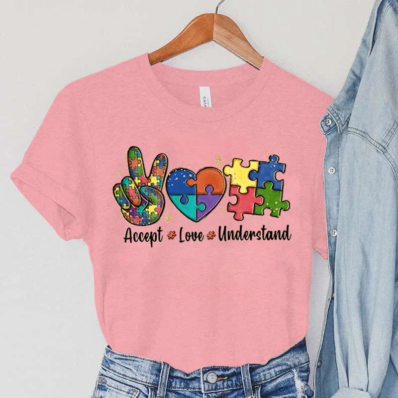 Accept Love and Understand Print T-shirts Autism Awareness T Shirts Color Puzzle Block Women's Tees Harajuku Korean Tops 2023