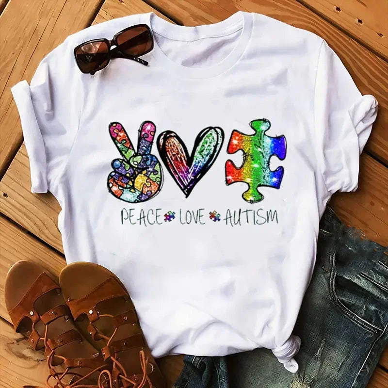 Peace Love Autism Colorful Print Women T Shirt Short Sleeve O Neck Loose Women Tshirt Ladies Tee Shirt Tops Camisetas Mujer