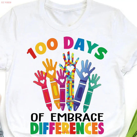 100 Days Of Embracing Differences T Shirt Autism Awareness Teacher For Students Special Needs long or short sleeves