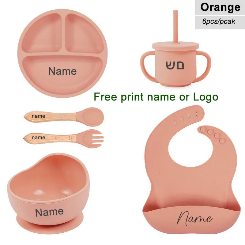 6Pcs Silicone Tableware For Kids Baby Feeding Sets Sucker Bowl Dining Plate Spoon Fork Bib Cup Personalized Name Children's Gift