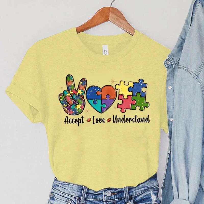 Accept Love and Understand Print T-shirts Autism Awareness T Shirts Color Puzzle Block Women's Tees Harajuku Korean Tops 2023