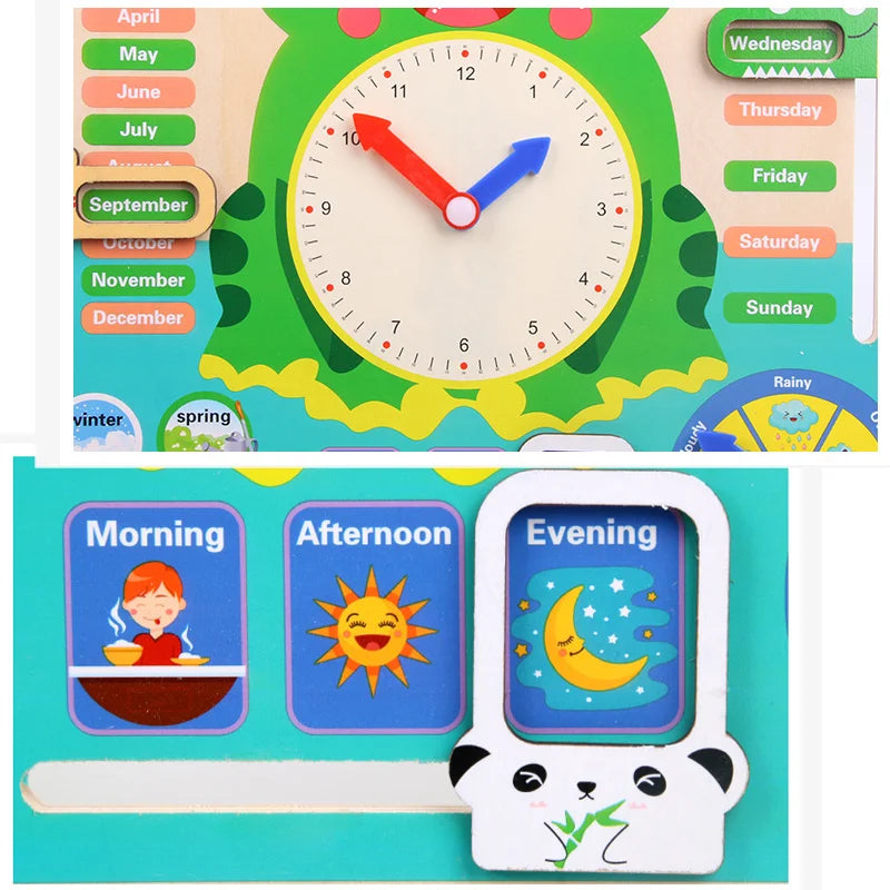 Montessori Wooden Frog Clock Toys For Kids Weather Season Calendar Clock Time Cognition Educational Toy for Children Preschool