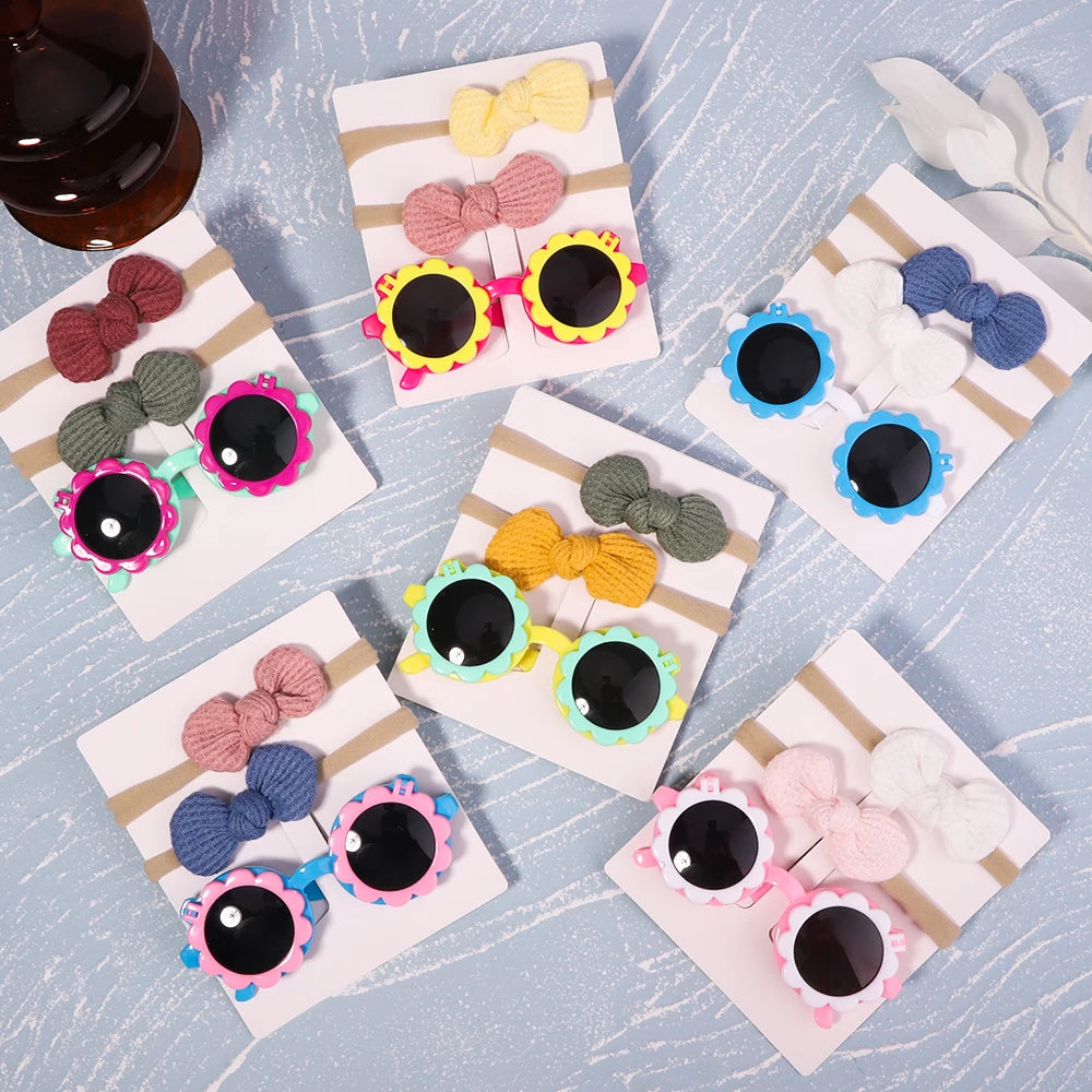 2Pcs/Pack Vintage Kids Summer Bows Headband Round Sunglasses Children Sun Glasses Protection Glasses Baby Hair Accessories