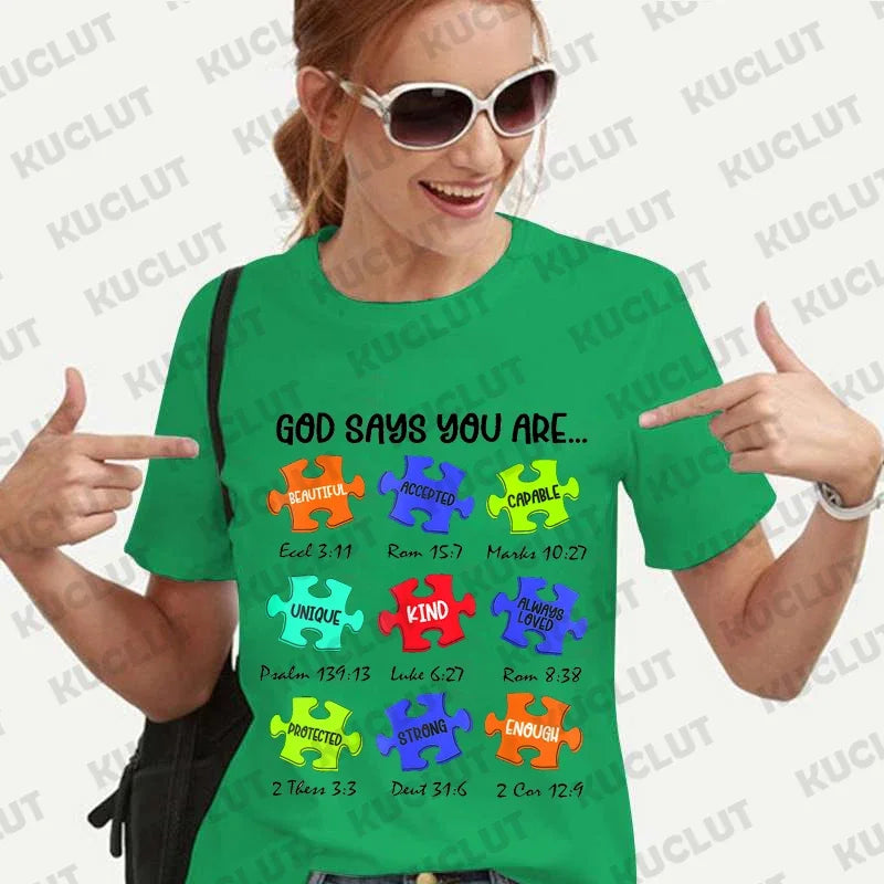 God Says I Am Autism Shirts for Women Clothing Be Kind Retro T-shirts Harajuku Graphic Clothing Jesus Autism Women's Tops