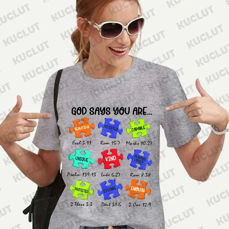 God Says I Am Autism Shirts for Women Clothing Be Kind Retro T-shirts Harajuku Graphic Clothing Jesus Autism Women's Tops