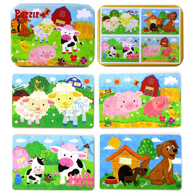 Kindergarten Children Wooden Puzzle 9/12/15/20 Pcs 4 in 1 Cartoon Animal Jigsaw with Iron Box Kids Educational Toy