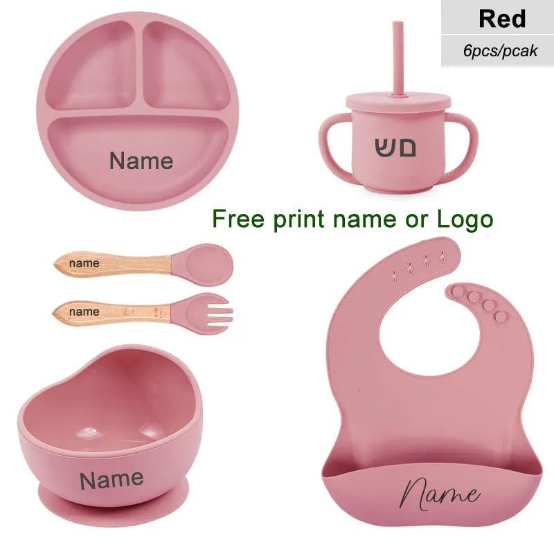 6Pcs Silicone Tableware For Kids Baby Feeding Sets Sucker Bowl Dining Plate Spoon Fork Bib Cup Personalized Name Children's Gift