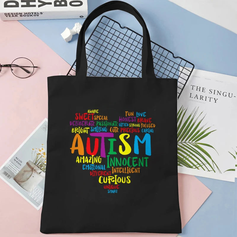 Woman Canvas Tote Bags Live Love Accept Autism Awareness Large Capacity Handbag Fashion Daily Reusable Shoulder Shopping Bag