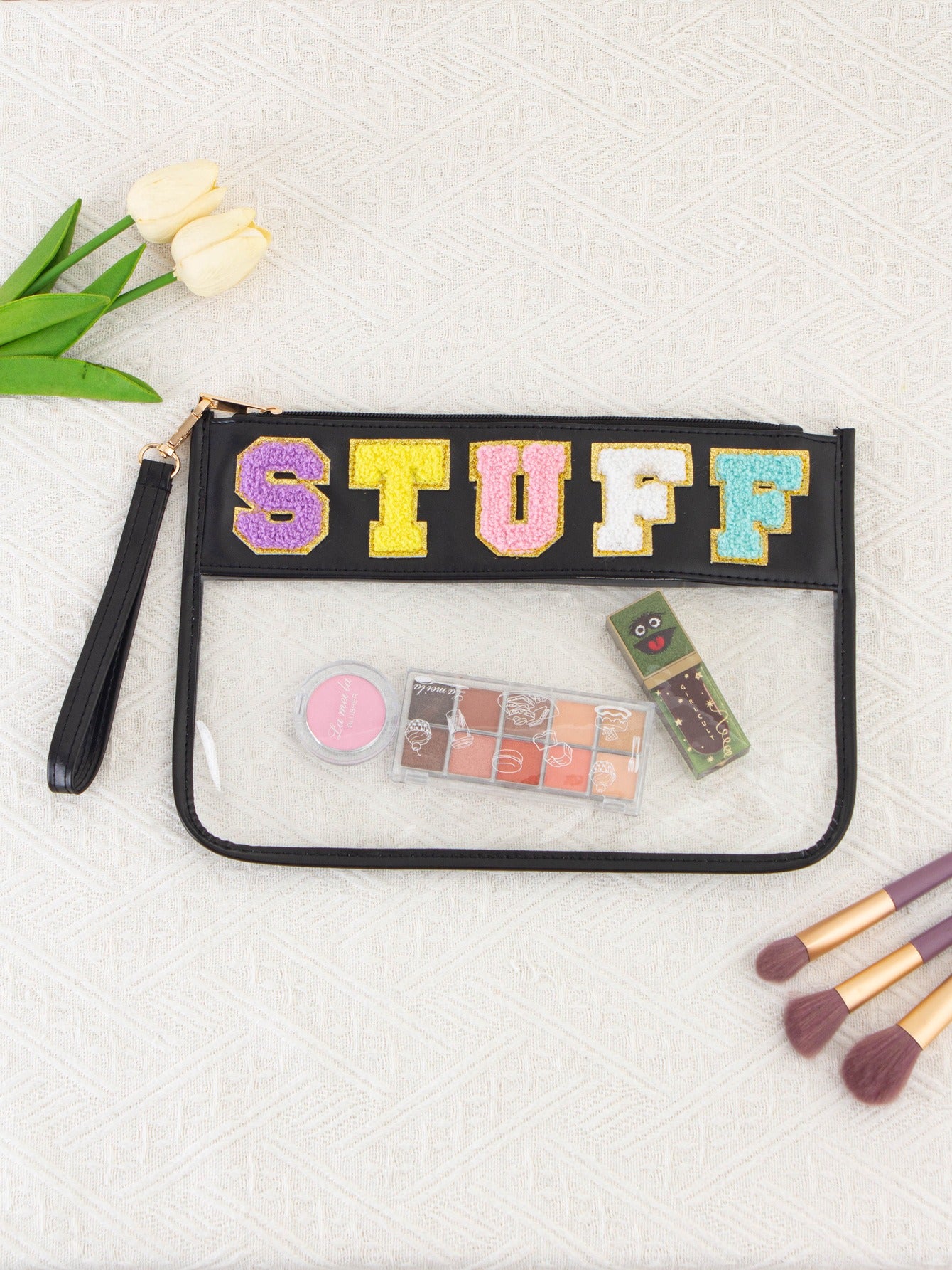 Snack sac de rangement transparent PVC zip pochette broderie lettre Hand Makeup Pack portable pu sac de toilette étanche