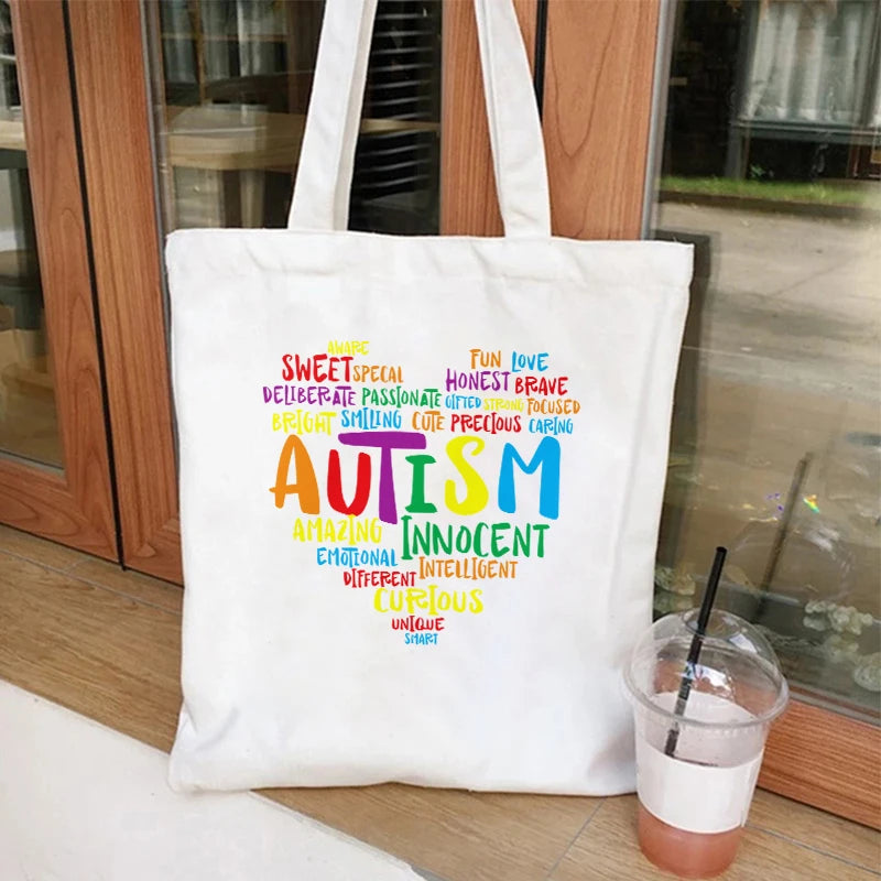 Woman Canvas Tote Bags Live Love Accept Autism Awareness Large Capacity Handbag Fashion Daily Reusable Shoulder Shopping Bag