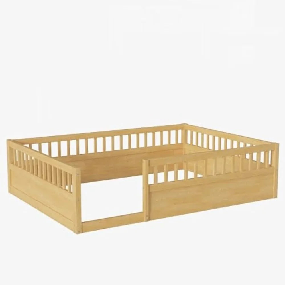 Floor Bed for Kids, Montessori Bed with High Fence Railings, Wood Playhouse Bed with Rails for Baby Boys Girls Teens