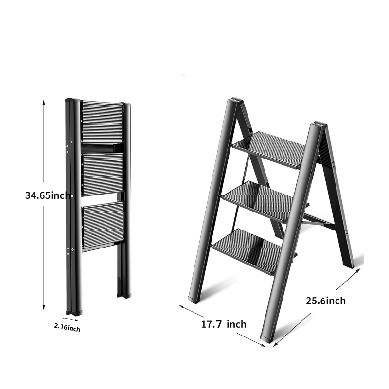 3 Step Ladder Aluminum Light Folding Step Bench Wide Non slip Pedal 300 lb Capacity Home Office Portable Ladder black