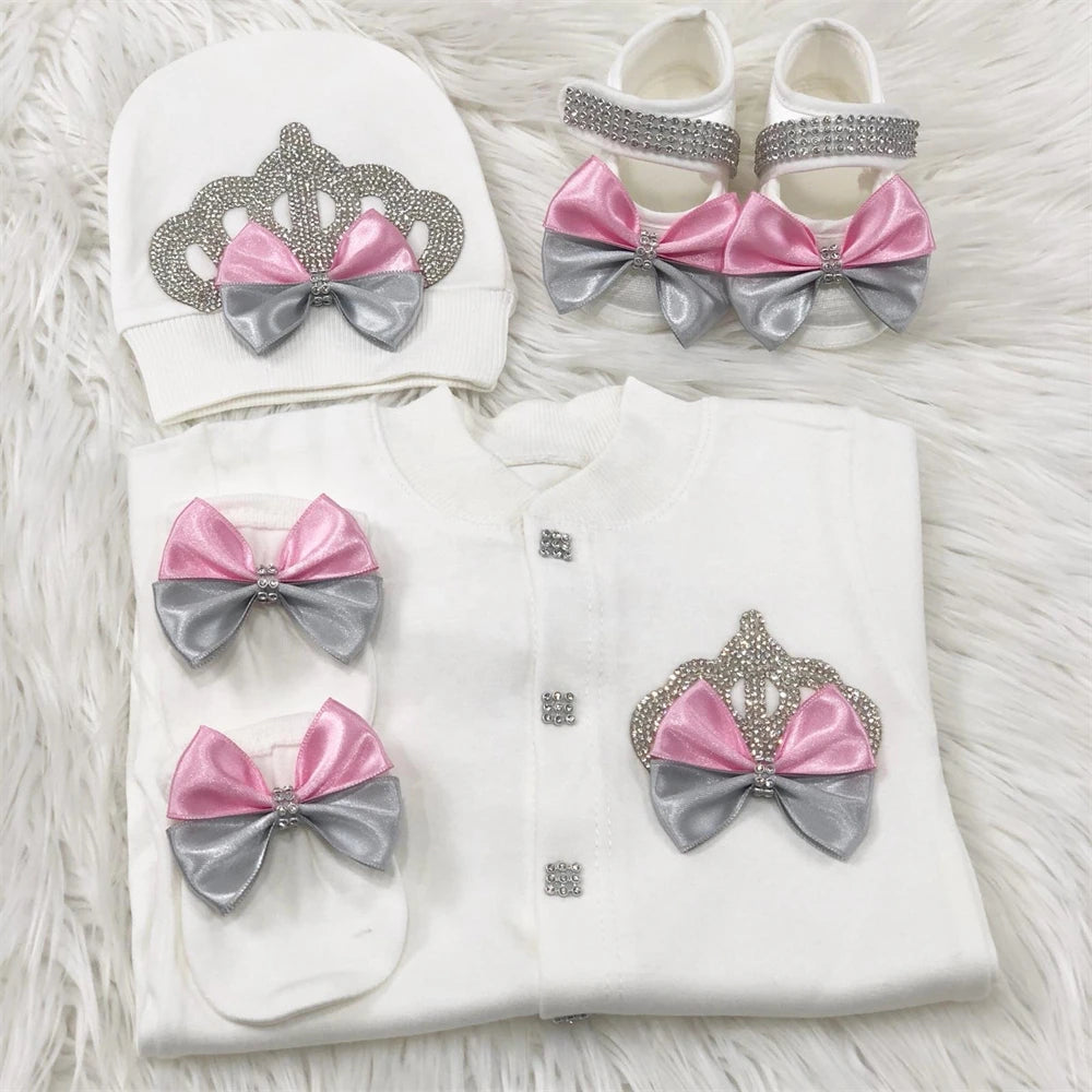 Dollbling Emerald Gold Crystal Luxury Baby Bling Romper Set My 1st Christmas Photography 4pcs Romper Hat Mittens Shoes Set