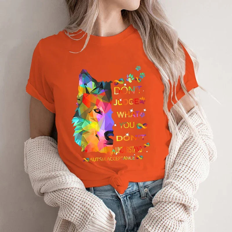 Autism Awareness T-shirts New Lovely Female Tops Wolf Don‘t Judge Print Tees Fashion Cartoon O-neck Ladies Wolf Graphic Clothes