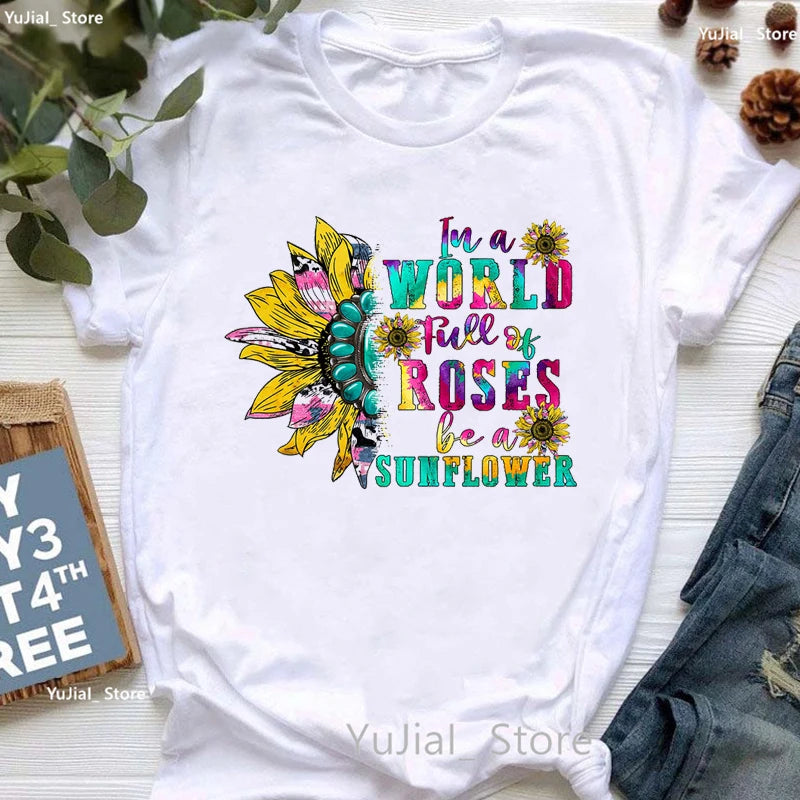 Summer Fashion Fight For Autism Awaseness Graphic Print Tshirt Women In A World Full Of Roses Be A Sunflower T Shirt Femme Tops