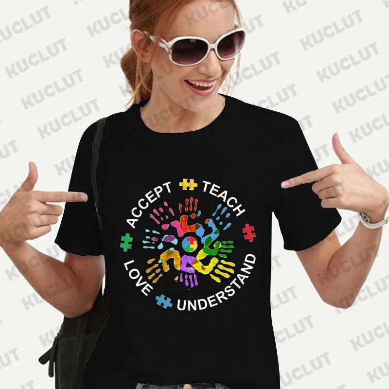 Autism Awareness Shirt for Women Teach Accept Understand Love T-shirts Neurodivergent Tshirts Autism Support Tee Shirt Y2k Tops