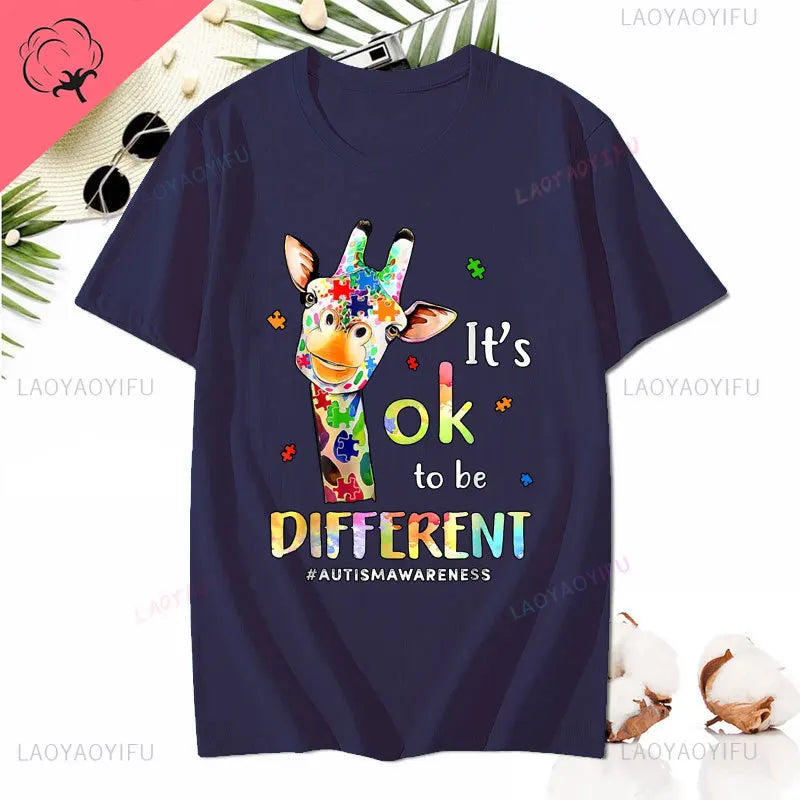 Cute Giraffe Animal Its Ok To Be Different T-Shirt Autism Awareness T Shirt Kawaii Clothes Man Women Clothing Cotton Short-sleev