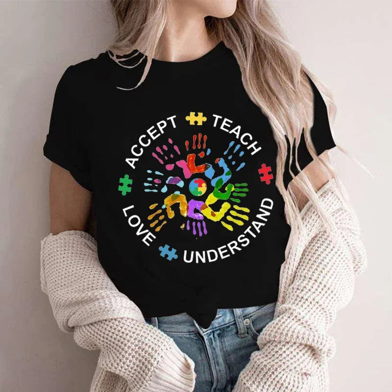 Autism Awareness Shirt for Women Teach Accept Understand Love T-shirts Neurodivergent Tshirts Autism Support Tee Shirt Y2k Tops