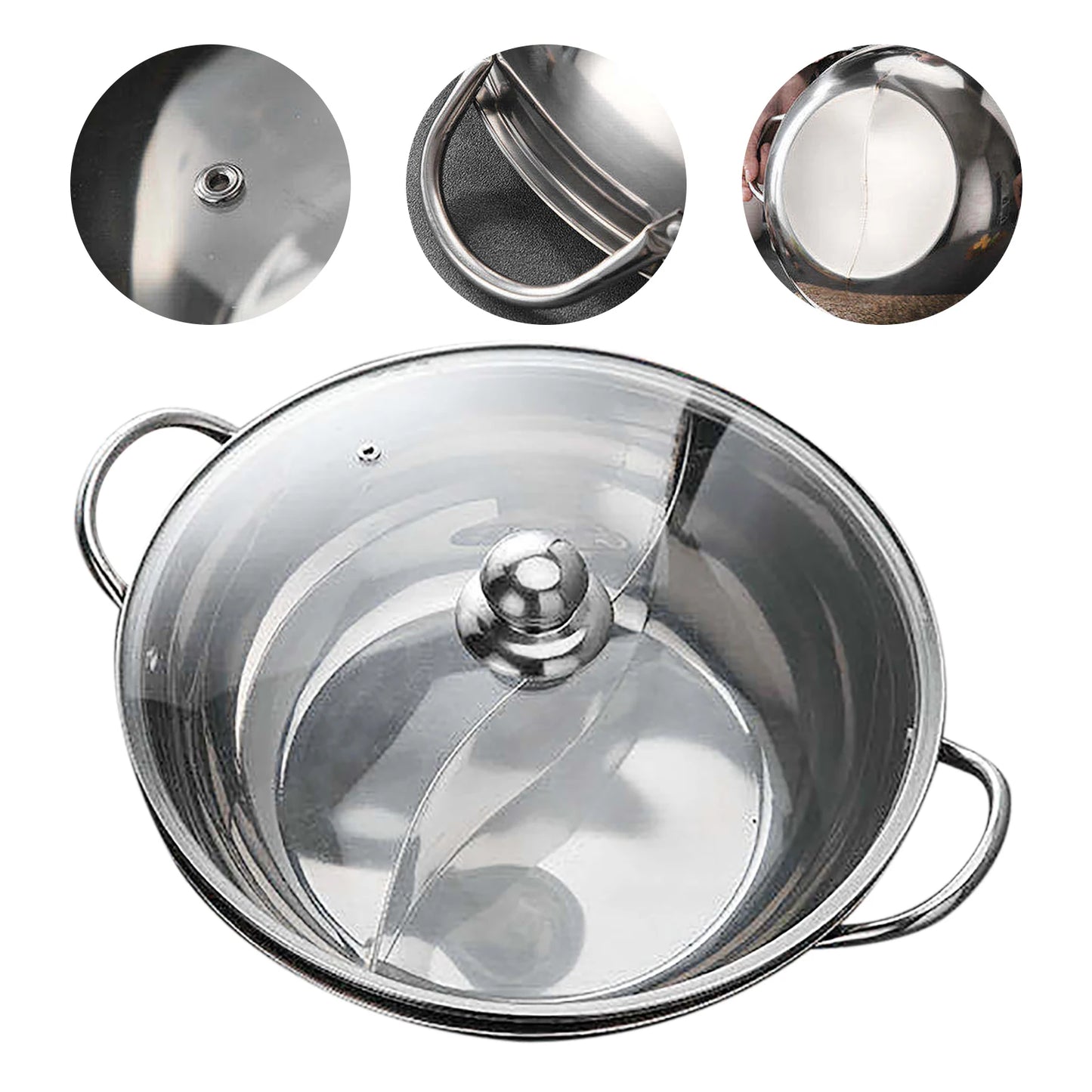 Hot Pot Dual Site Divider 12" Stainless Steel Pot with Glass Lid Household Double-Flavor Hot Pot Double Grid Pot Divider Pot