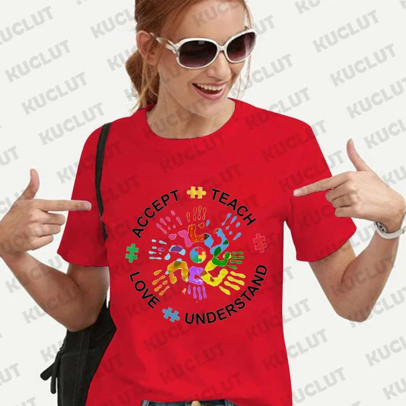 Autism Awareness Shirt for Women Teach Accept Understand Love T-shirts Neurodivergent Tshirts Autism Support Tee Shirt Y2k Tops