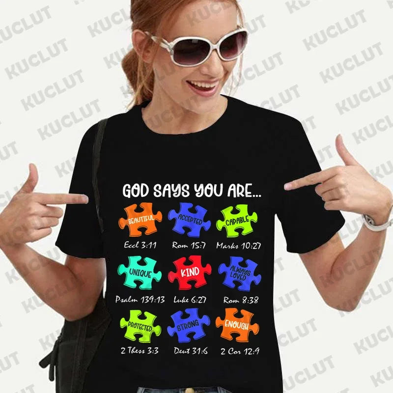 God Says I Am Autism Shirts for Women Clothing Be Kind Retro T-shirts Harajuku Graphic Clothing Jesus Autism Women's Tops