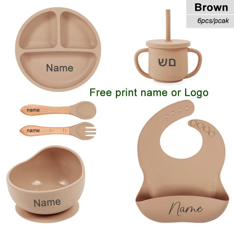 6Pcs Silicone Tableware For Kids Baby Feeding Sets Sucker Bowl Dining Plate Spoon Fork Bib Cup Personalized Name Children's Gift