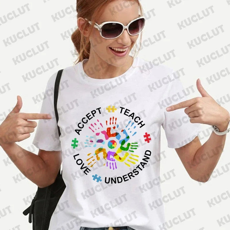 Autism Awareness Shirt for Women Teach Accept Understand Love T-shirts Neurodivergent Tshirts Autism Support Tee Shirt Y2k Tops