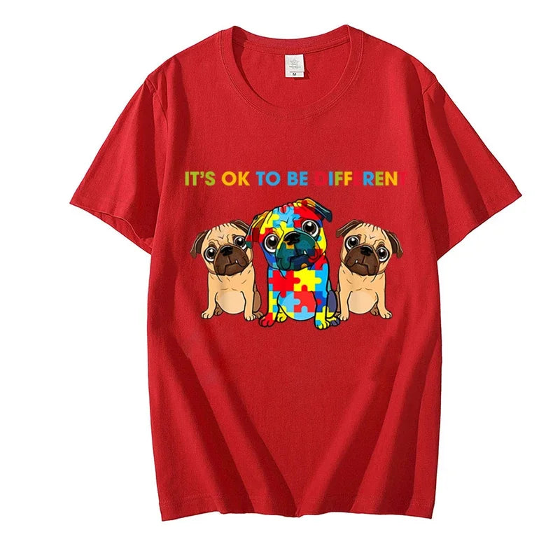 Cute Pug Dogs It's Ok To Be Different Autism Awareness Women T Shirt Summer Tee Shirt Streetwear Hip Hop for Kids Female Tops