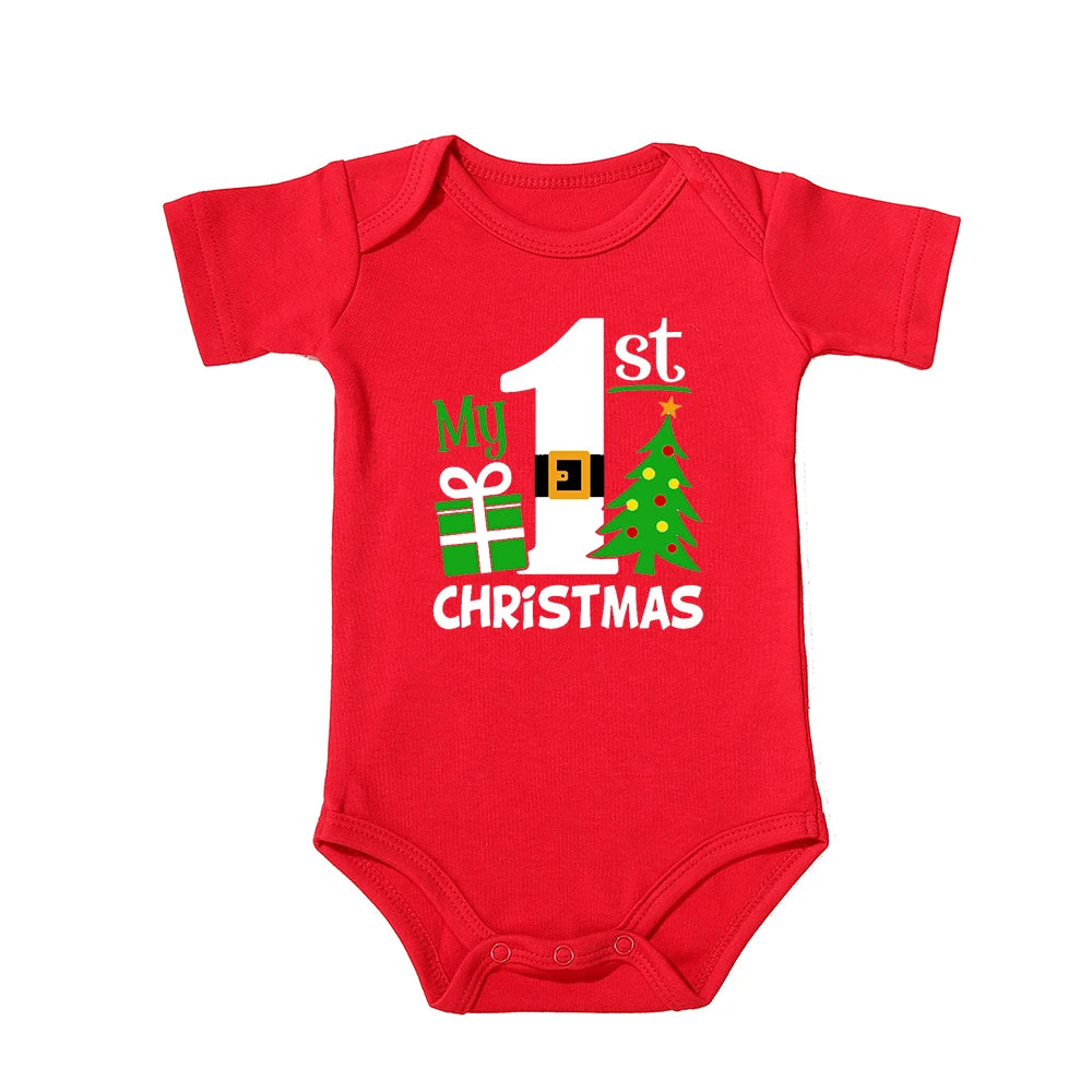 My First Christmas Kids Red Short Sleeve Jumpsuit Fashion Toddler Boy Girl Infant Outfit Clothes Cute Deer Print Xmas Best Gift