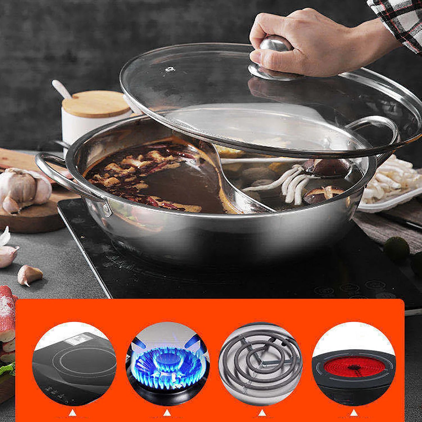 Hot Pot Dual Site Divider 12" Stainless Steel Pot with Glass Lid Household Double-Flavor Hot Pot Double Grid Pot Divider Pot