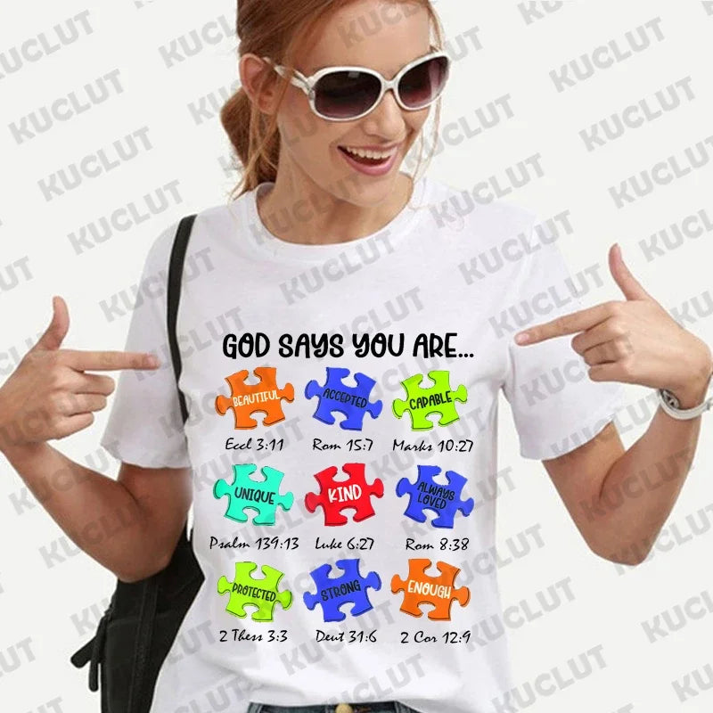 God Says I Am Autism Shirts for Women Clothing Be Kind Retro T-shirts Harajuku Graphic Clothing Jesus Autism Women's Tops